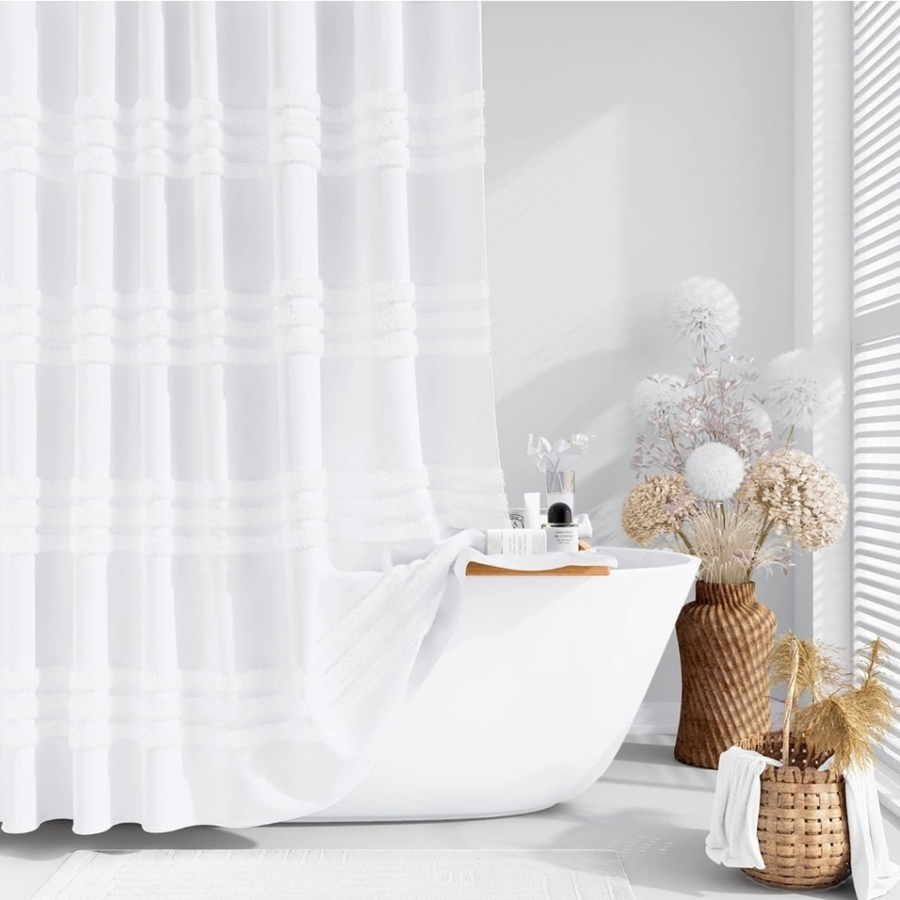 Simple White Textured Striped Fabric Bath Shower Curtain 72x78 Like New